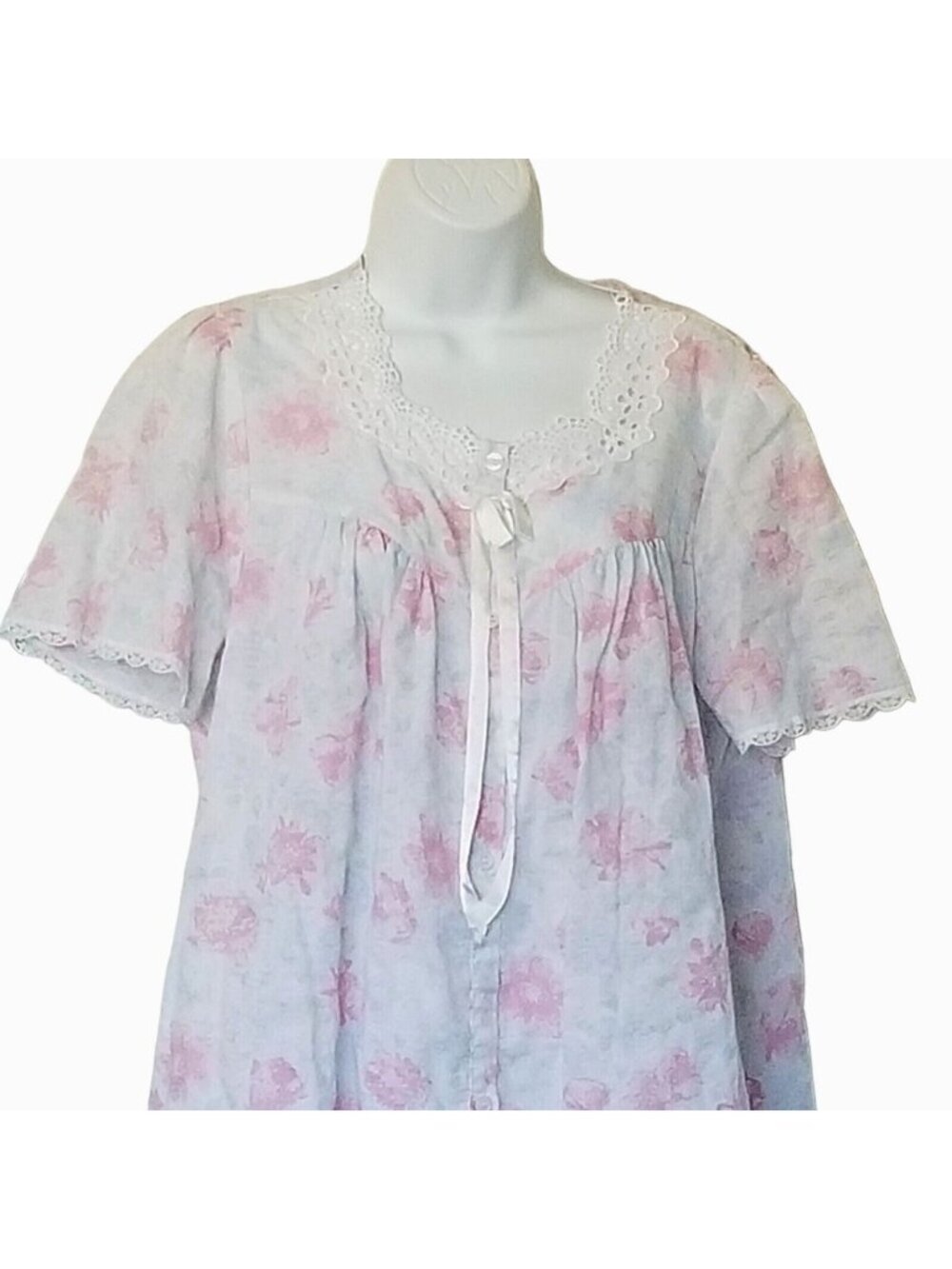 Vtg Character Cotton Blend House Dress Robe M‎ Eyelet Pink Floral Button Knee